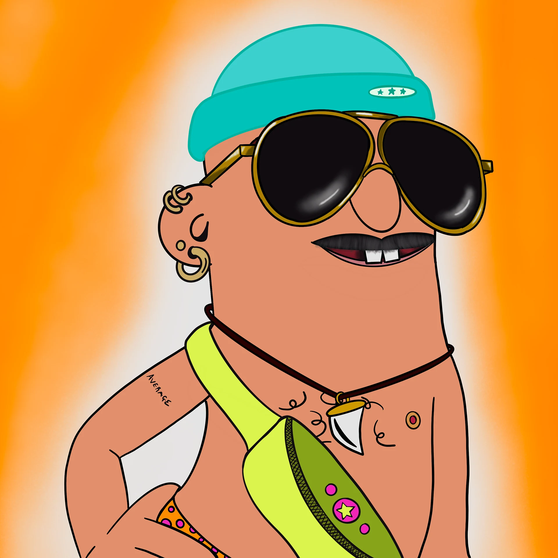 Zaddy character with sunglasses and an orange background