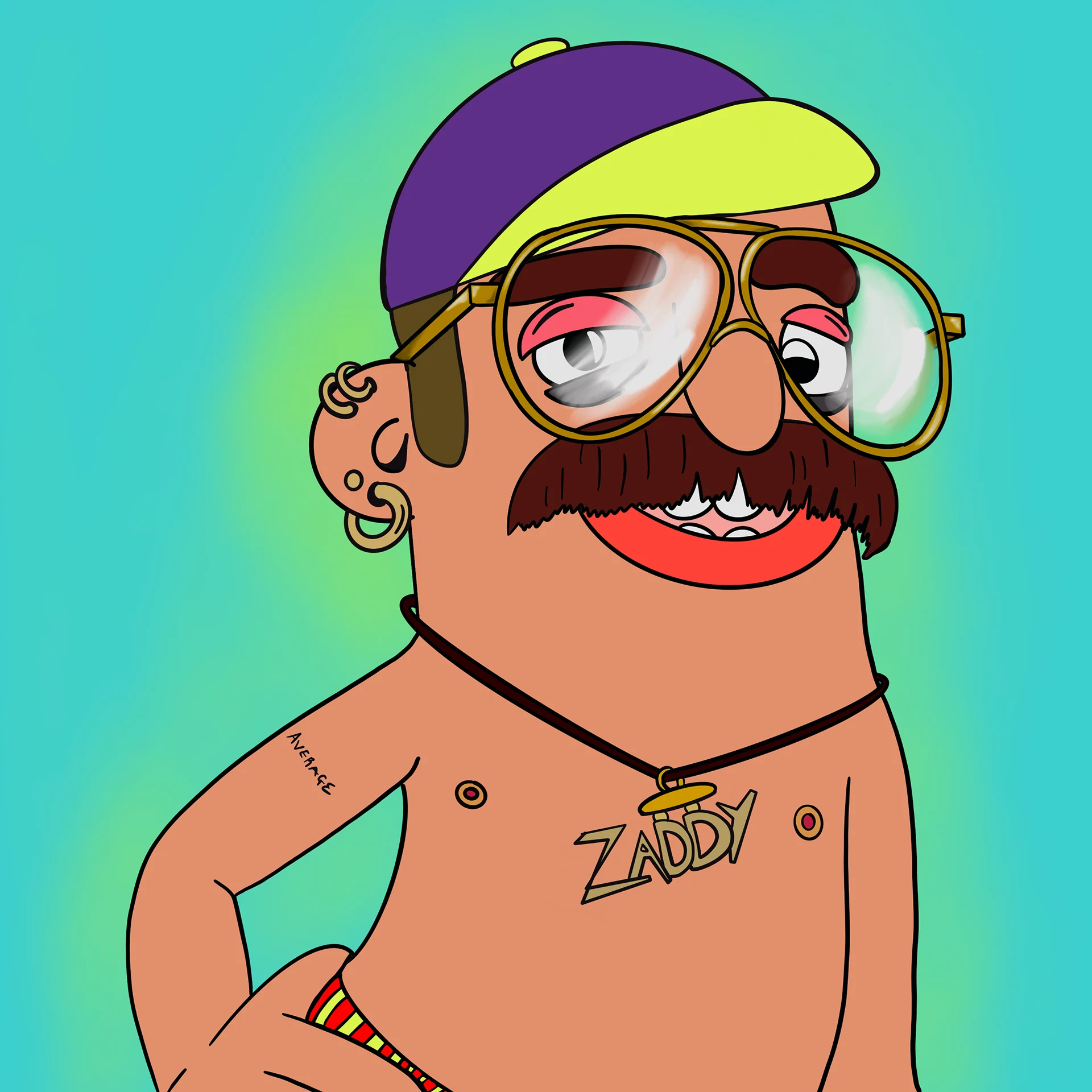 Zaddy character variation with glasses and a turquoise background