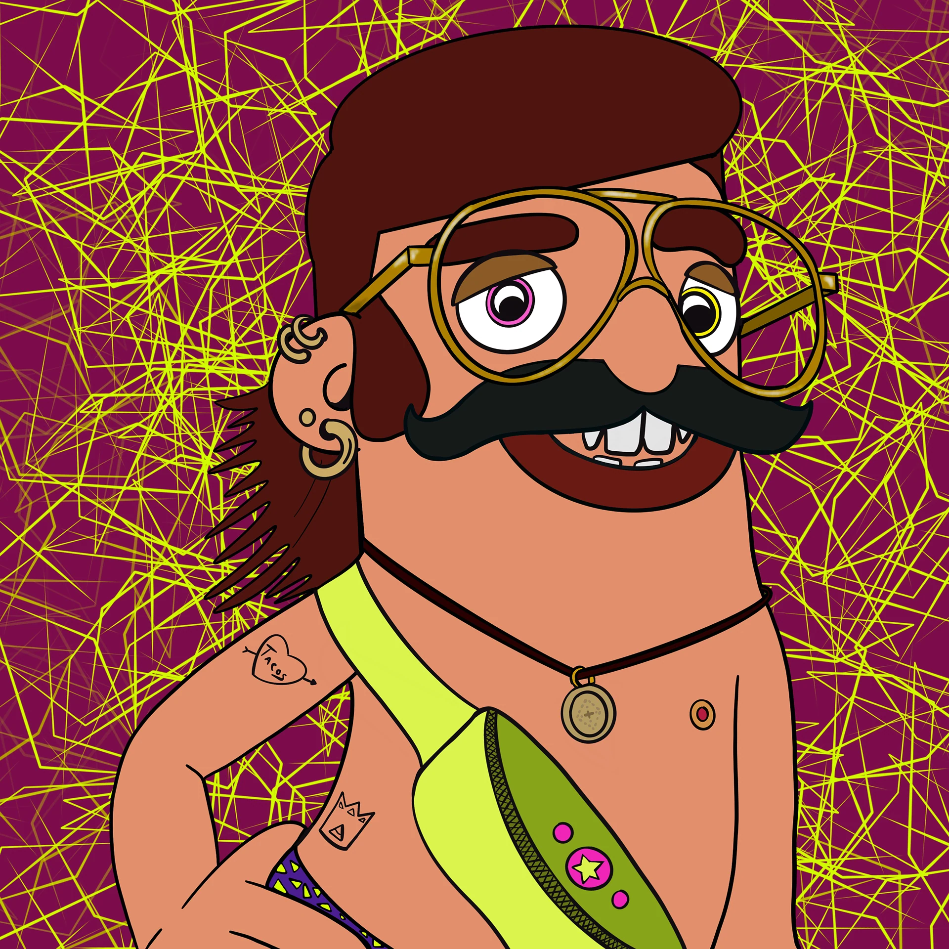Zaddy character with patterned background and accessories