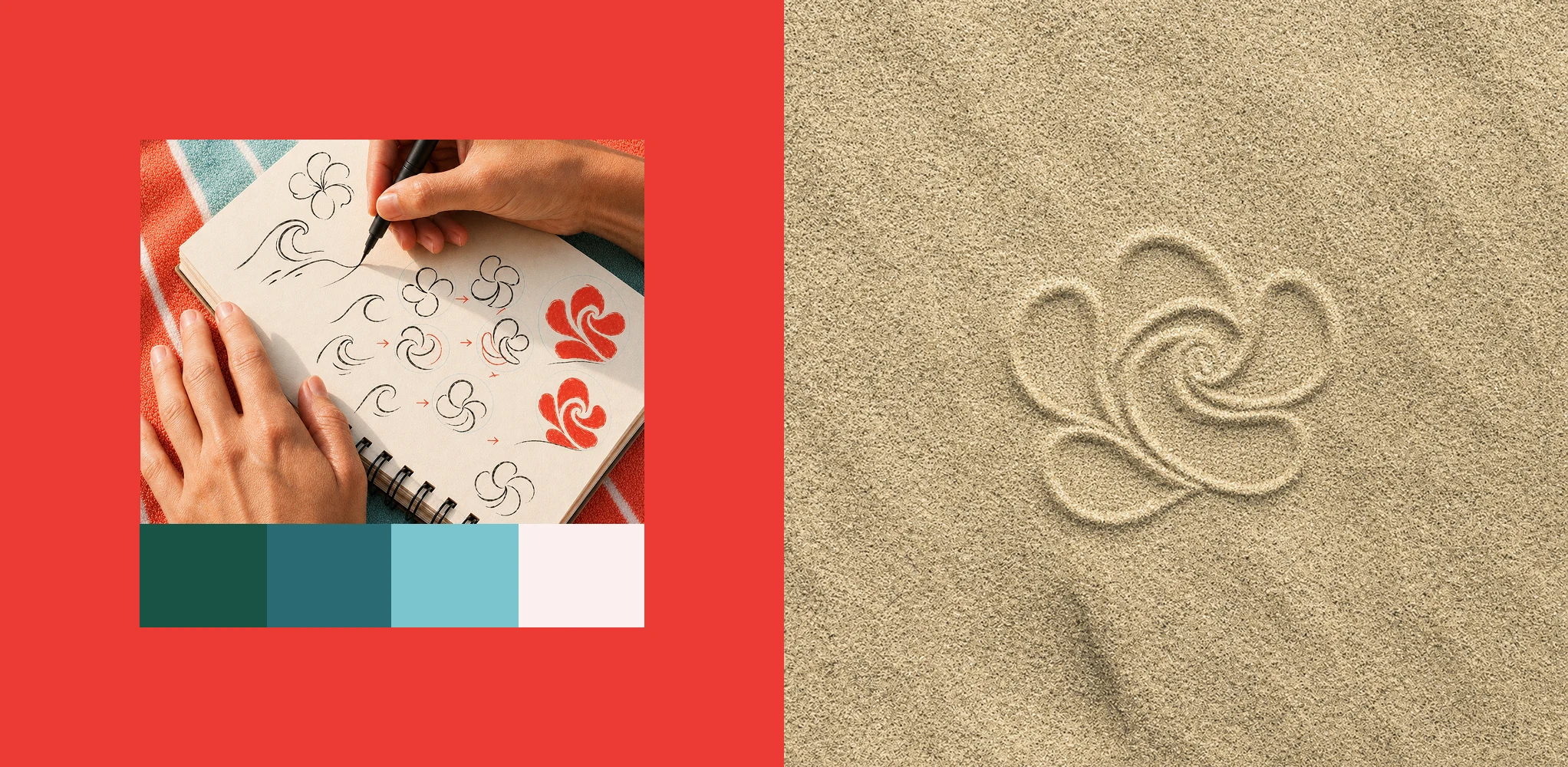 Bloom sketches, colour palette and embossed symbol