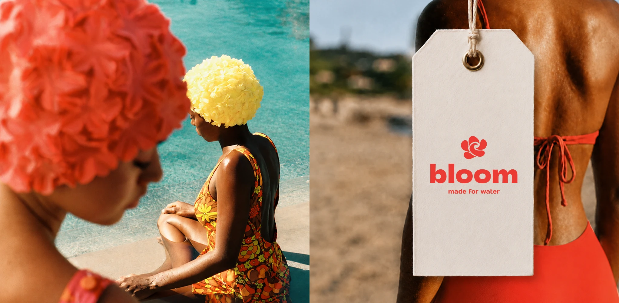 Floral swim caps and Bloom branded tag