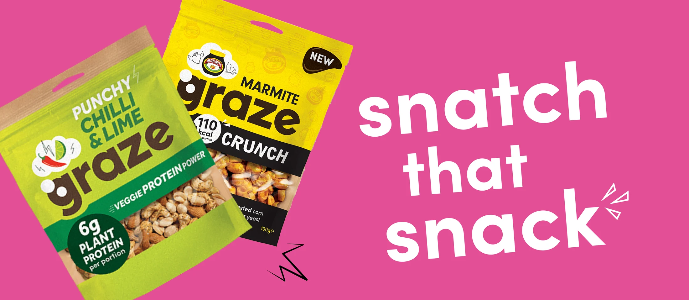 graze snack packs and Snatch that snack headline on bright pink