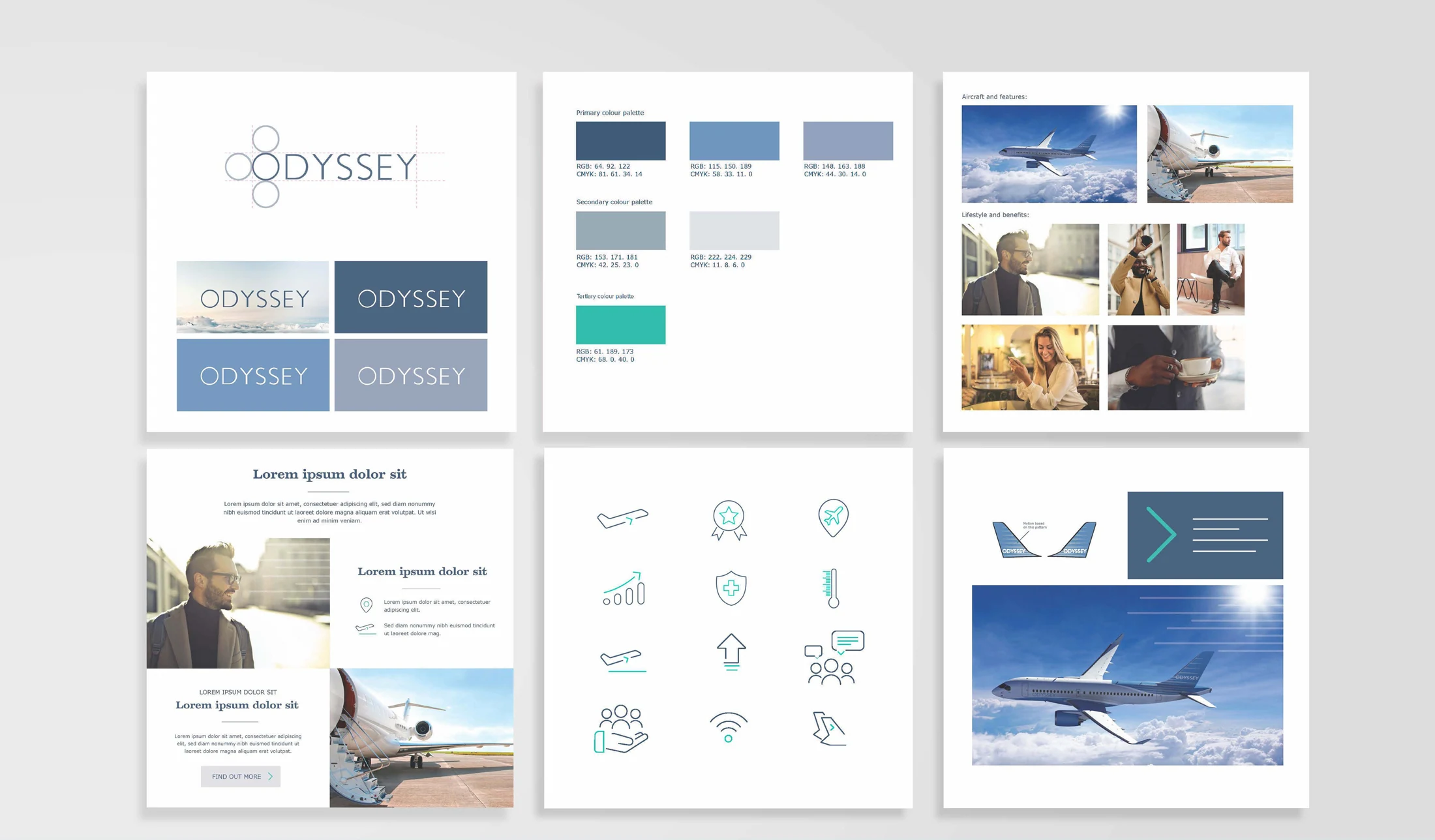 Odyssey typography, colour palette and iconography