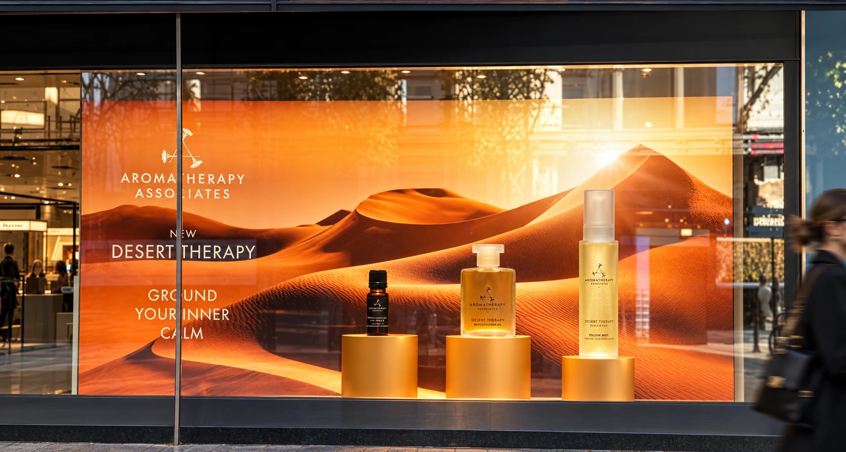John Lewis Desert Therapy window: an amber desert landscape with oversized product imagery