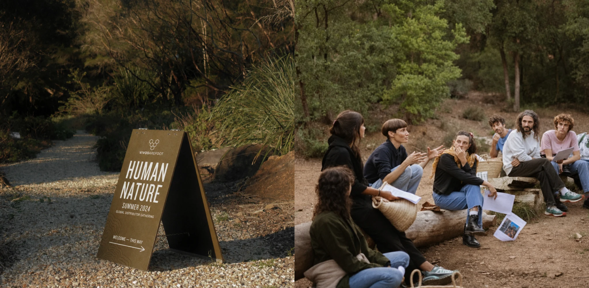 Human Nature event signage and a group reading catalogues outdoors