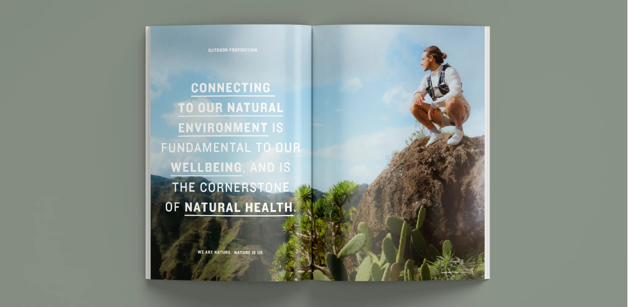 Nature photography and typography across a catalogue spread