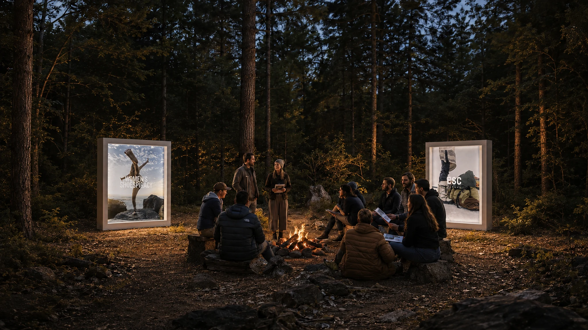 Human Nature lightboxes surrounding an outdoor gathering
