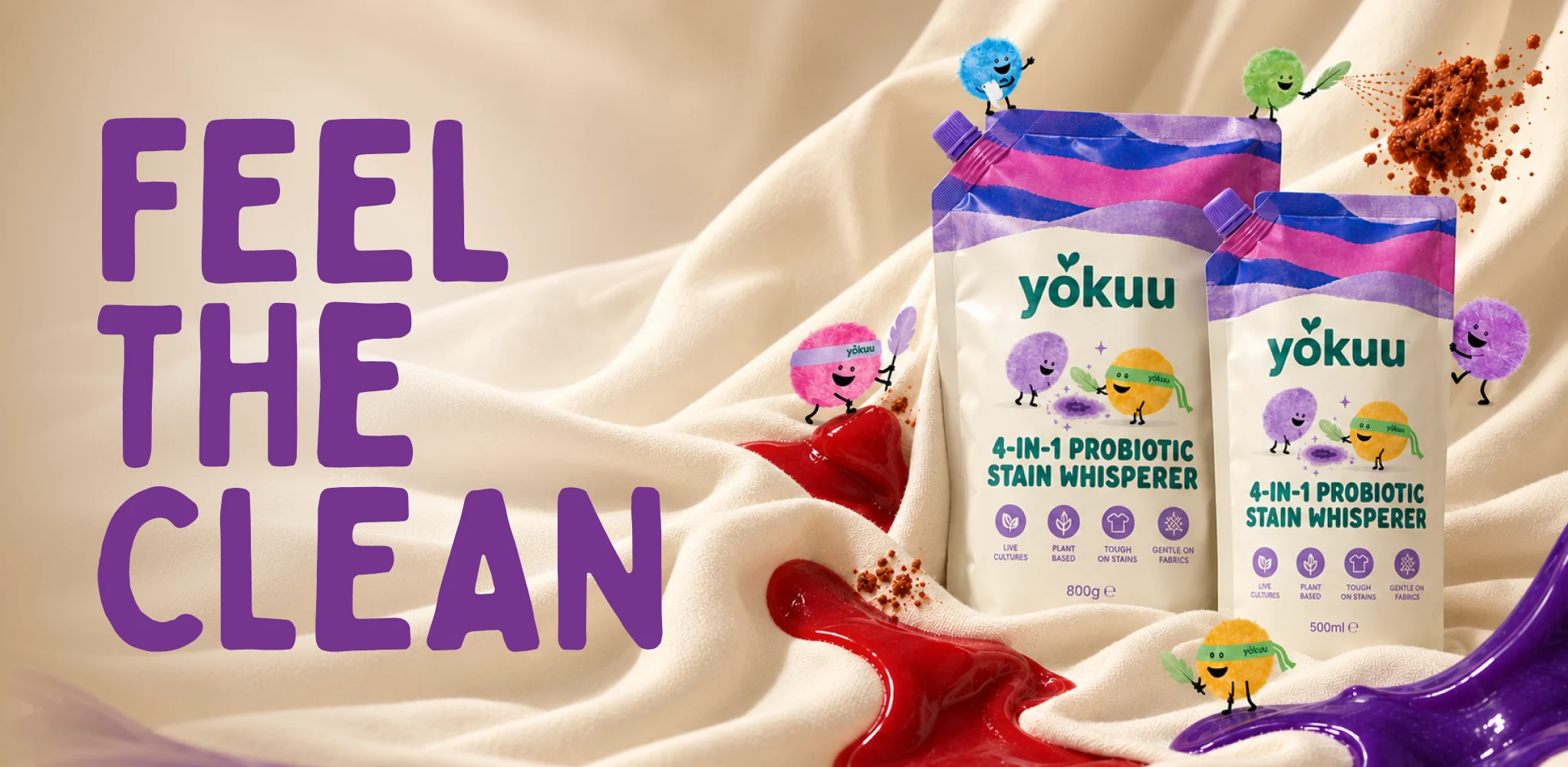 YOKUU packaging, colourful characters and Feel the clean headline