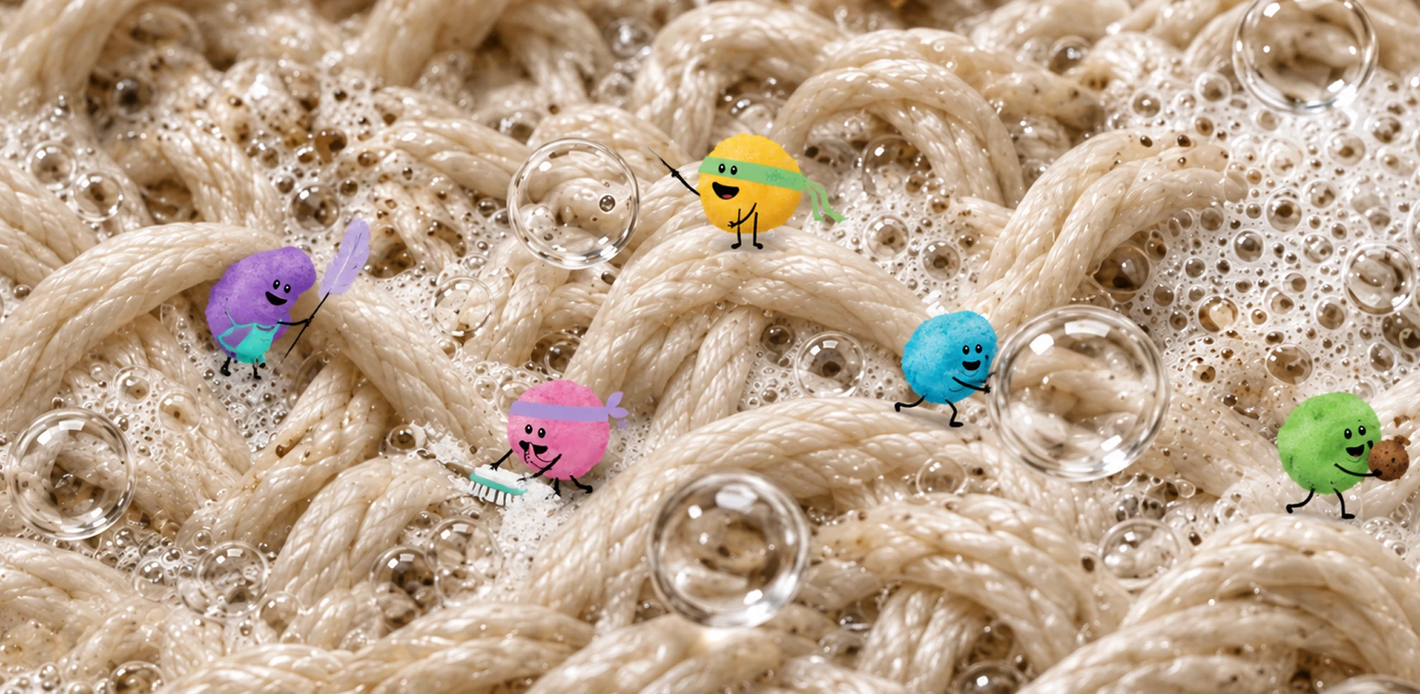 Colourful cleaning helpers between woven fabric fibres